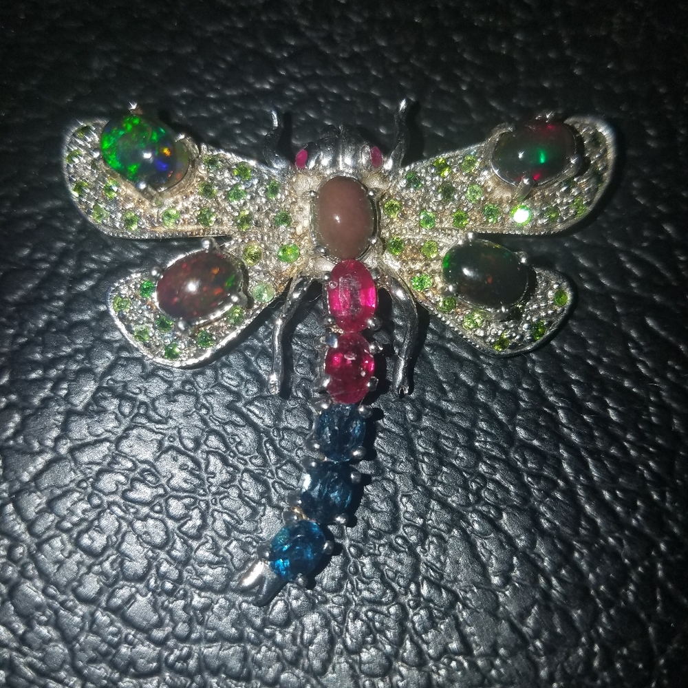 SOLD Black Opal Ruby Topaz Dragonfly Brooch